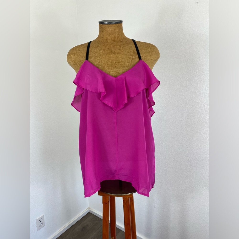 Royal Project XL Hottest Pink Cross Back Ribbon Strap Tank Top Ruffled Silk EUC